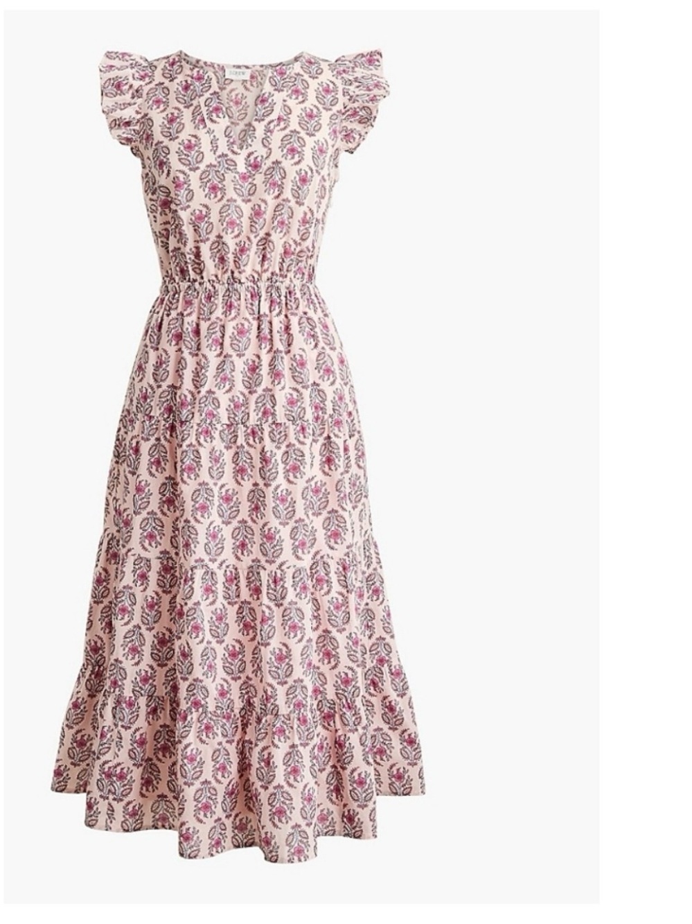 J.Crew Factory- Floral Pink Tiered Midi Dress with Ruffle Sleeves- 00